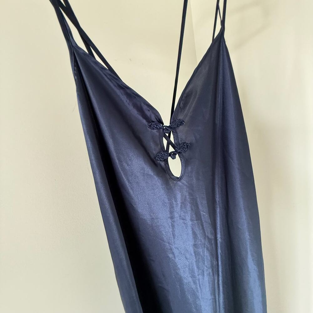 Vintage black satin slip dress frog button detail strappy back minimalist 1X